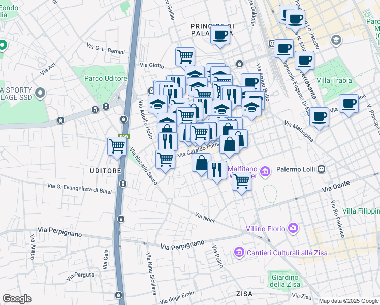 map of restaurants, bars, coffee shops, grocery stores, and more near 3 Via Giuseppe Leggio in Palermo