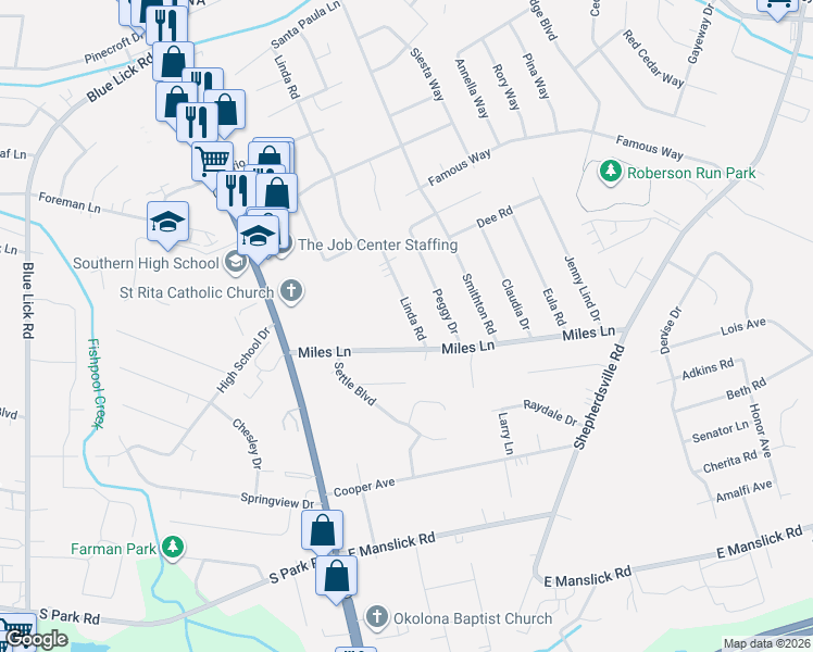 map of restaurants, bars, coffee shops, grocery stores, and more near 8607 Linda Road in Louisville