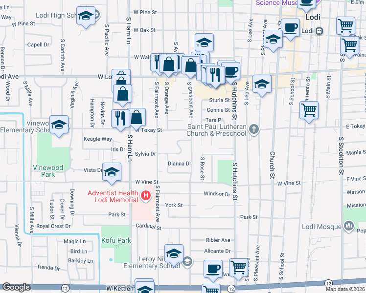 map of restaurants, bars, coffee shops, grocery stores, and more near 820 Sylvia Drive in Lodi