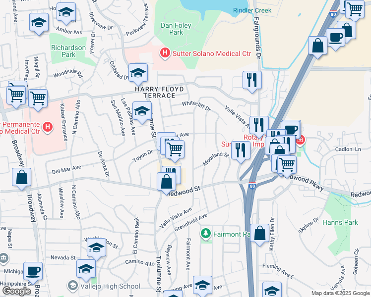 map of restaurants, bars, coffee shops, grocery stores, and more near 19 Panorama Drive in Vallejo