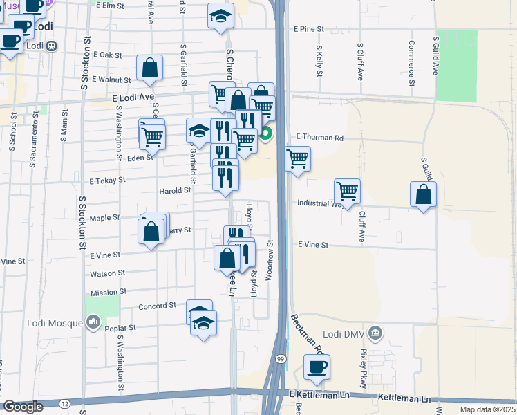 map of restaurants, bars, coffee shops, grocery stores, and more near 650 Hale Road in Lodi