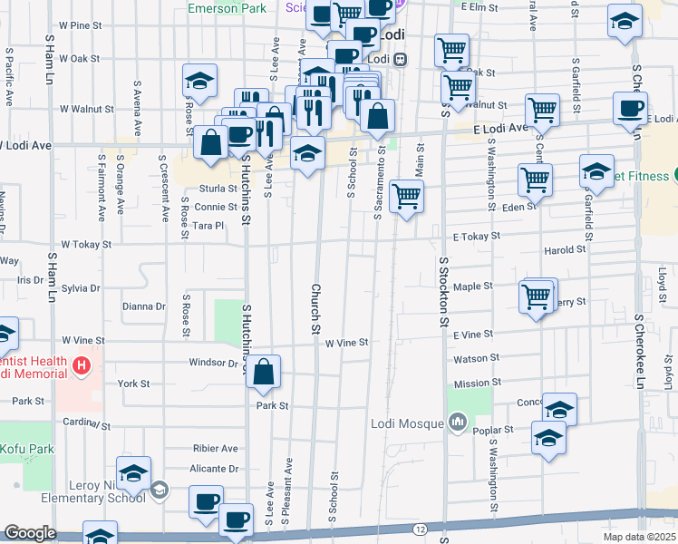 map of restaurants, bars, coffee shops, grocery stores, and more near 716 Church Street in Lodi