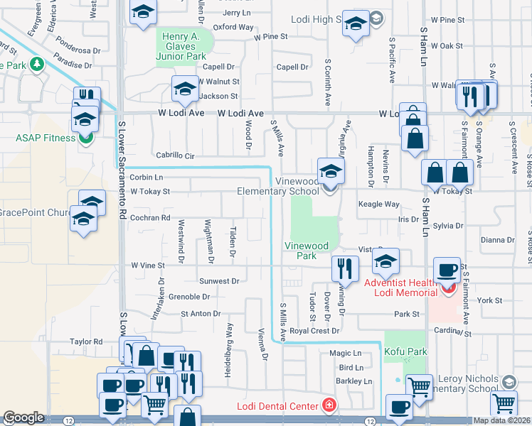 map of restaurants, bars, coffee shops, grocery stores, and more near 723 South Mills Avenue in Lodi