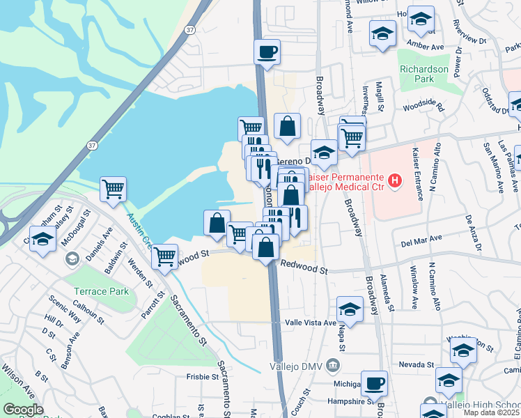 map of restaurants, bars, coffee shops, grocery stores, and more near 3729 Sonoma Boulevard in Vallejo