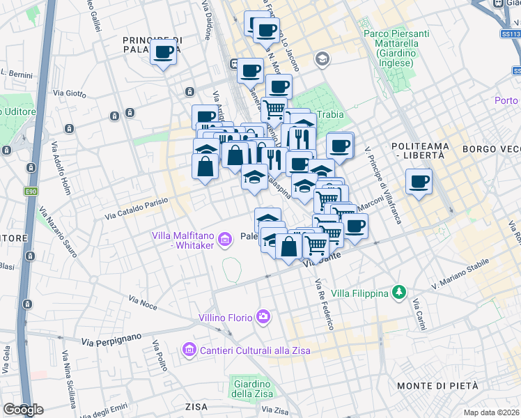 map of restaurants, bars, coffee shops, grocery stores, and more near 49 Via Filippo Parlatore in Palermo
