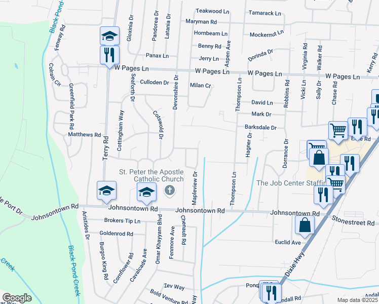 map of restaurants, bars, coffee shops, grocery stores, and more near 8901 Novelle Drive in Louisville