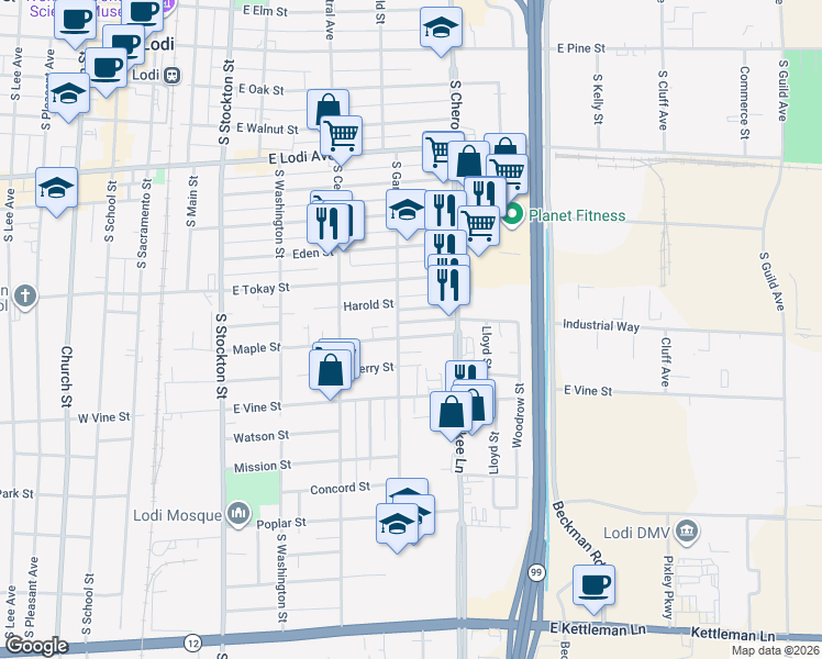 map of restaurants, bars, coffee shops, grocery stores, and more near 731 South Garfield Street in Lodi