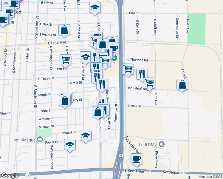 map of restaurants, bars, coffee shops, grocery stores, and more near 638 Hale Road in Lodi