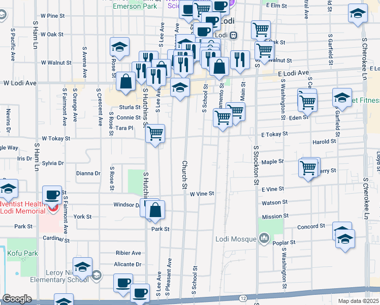 map of restaurants, bars, coffee shops, grocery stores, and more near 716 Church Street in Lodi
