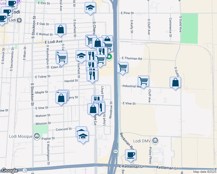 map of restaurants, bars, coffee shops, grocery stores, and more near 650 Hale Road in Lodi