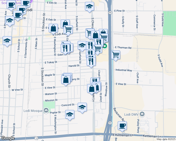map of restaurants, bars, coffee shops, grocery stores, and more near 533 Maple Street in Lodi