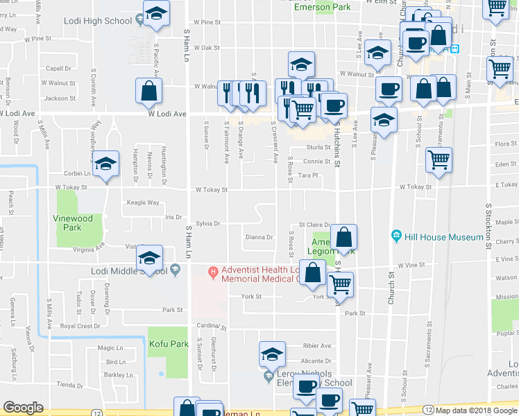 map of restaurants, bars, coffee shops, grocery stores, and more near 820 Sylvia Drive in Lodi