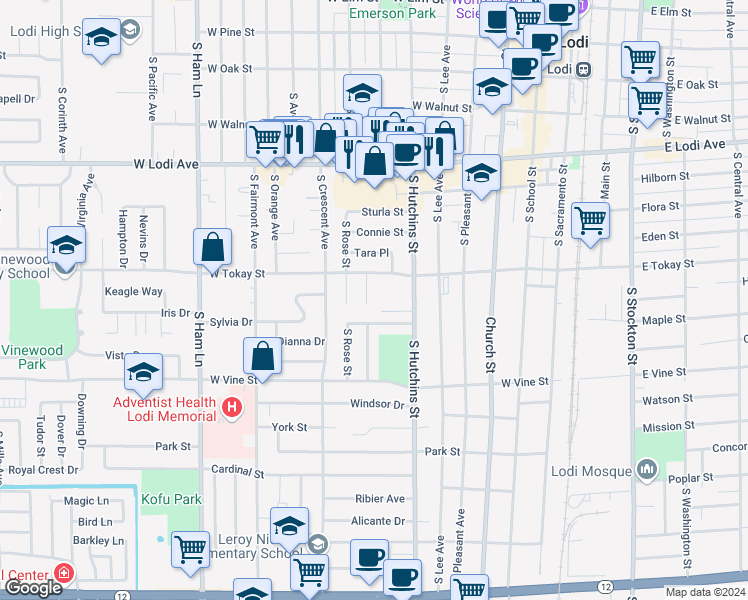 map of restaurants, bars, coffee shops, grocery stores, and more near 724 South California Street in Lodi