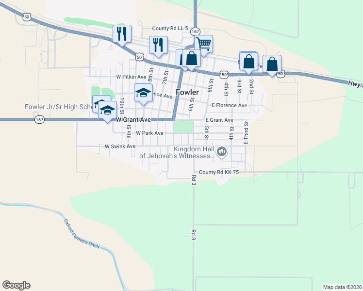 map of restaurants, bars, coffee shops, grocery stores, and more near 145 East Swink Avenue in Fowler