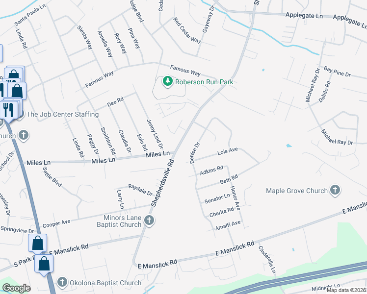 map of restaurants, bars, coffee shops, grocery stores, and more near 8503 Shepherdsville Road in Louisville