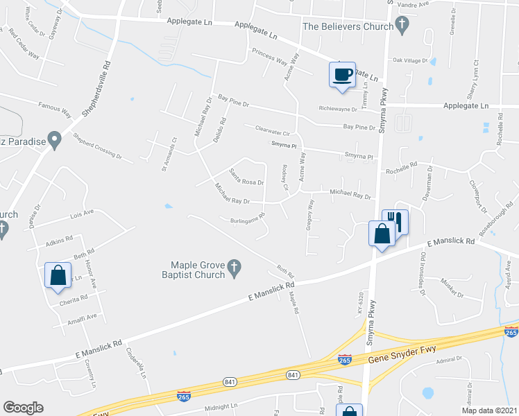 map of restaurants, bars, coffee shops, grocery stores, and more near 8500 Burlingame Rd in Louisville