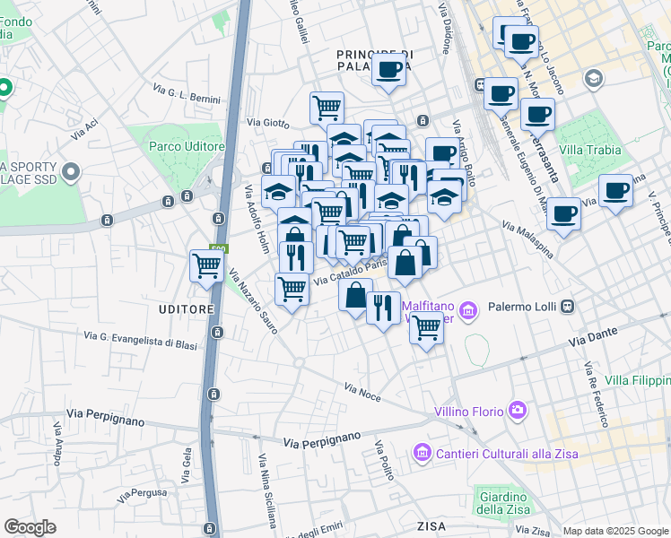 map of restaurants, bars, coffee shops, grocery stores, and more near 3 Via Giuseppe Leggio in Palermo
