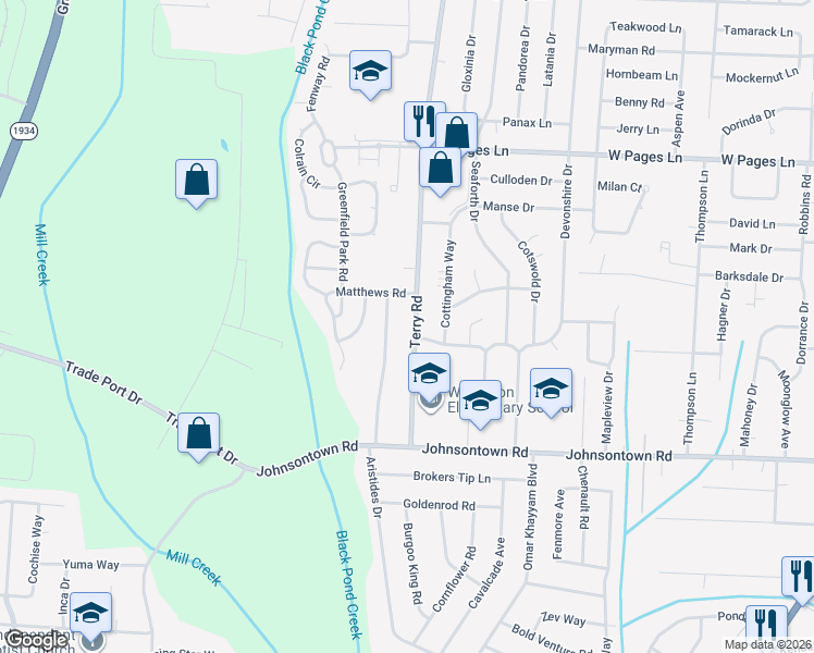 map of restaurants, bars, coffee shops, grocery stores, and more near 8814 Terry Road in Louisville