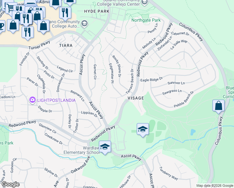 map of restaurants, bars, coffee shops, grocery stores, and more near 3405 Edgewater Place in Vallejo