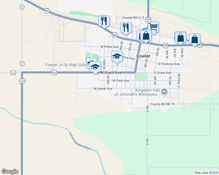 map of restaurants, bars, coffee shops, grocery stores, and more near 711 9th Street in Fowler