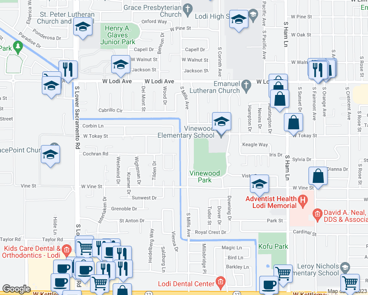 map of restaurants, bars, coffee shops, grocery stores, and more near 723 South Mills Avenue in Lodi