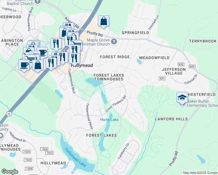 map of restaurants, bars, coffee shops, grocery stores, and more near 1974 Heather Glen Road in Charlottesville