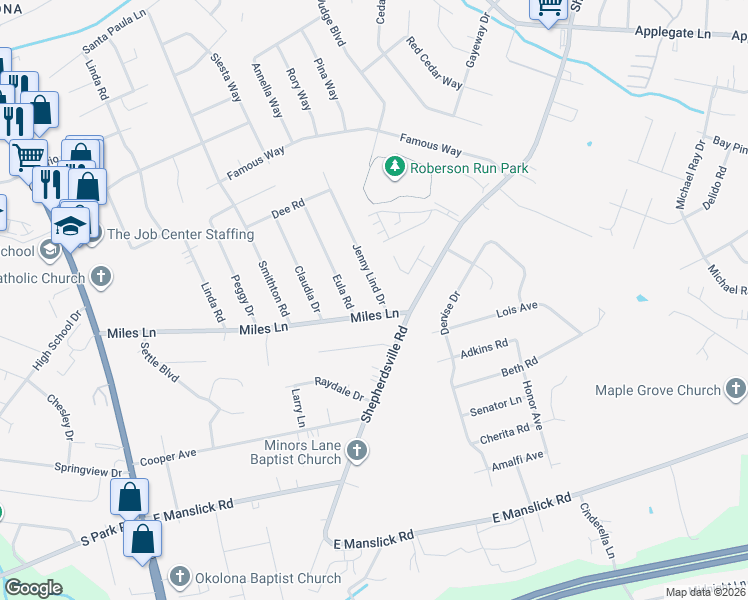 map of restaurants, bars, coffee shops, grocery stores, and more near 8606 Jenny Lind Drive in Louisville