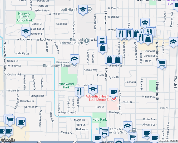 map of restaurants, bars, coffee shops, grocery stores, and more near 1464 Keagle Way in Lodi