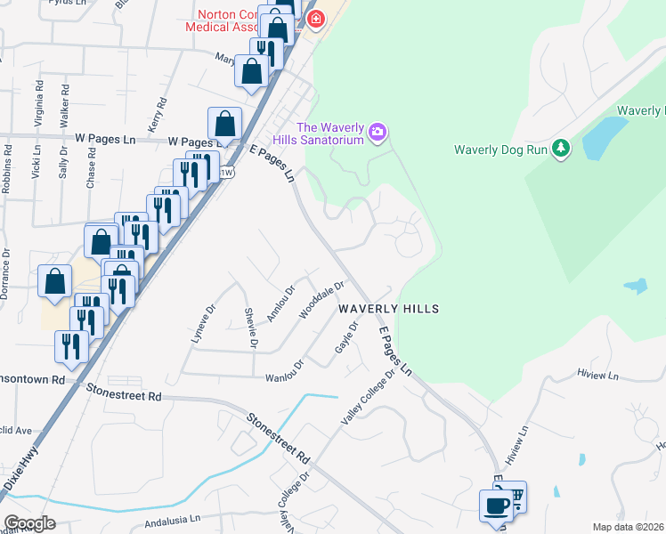 map of restaurants, bars, coffee shops, grocery stores, and more near 4418 East Pages Lane in Louisville