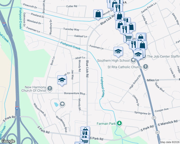 map of restaurants, bars, coffee shops, grocery stores, and more near 8605 Blue Lick Road in Louisville