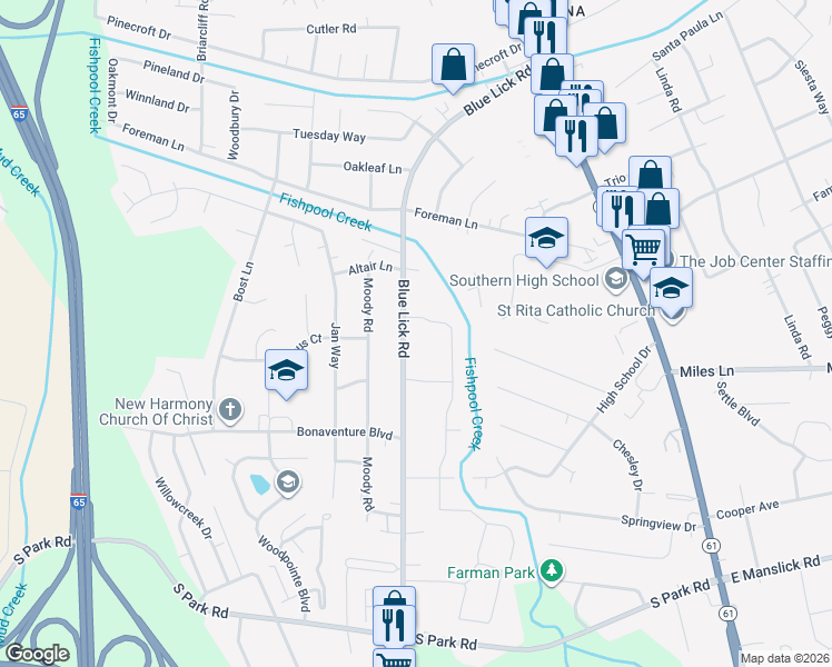 map of restaurants, bars, coffee shops, grocery stores, and more near 8605 Blue Lick Road in Louisville
