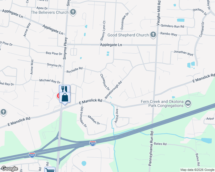 map of restaurants, bars, coffee shops, grocery stores, and more near 8411 Cloverport Drive in Louisville