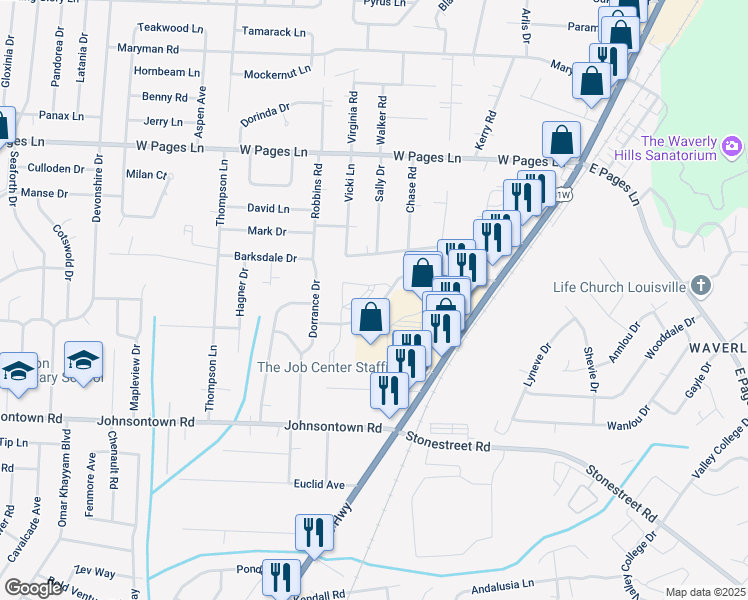 map of restaurants, bars, coffee shops, grocery stores, and more near 8801 Justify Way in Louisville