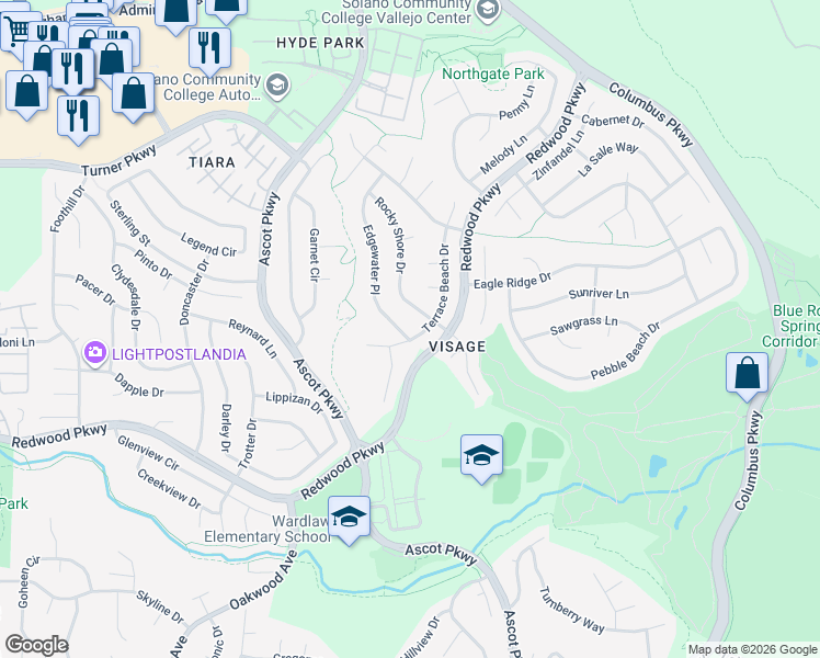 map of restaurants, bars, coffee shops, grocery stores, and more near 3405 Edgewater Place in Vallejo