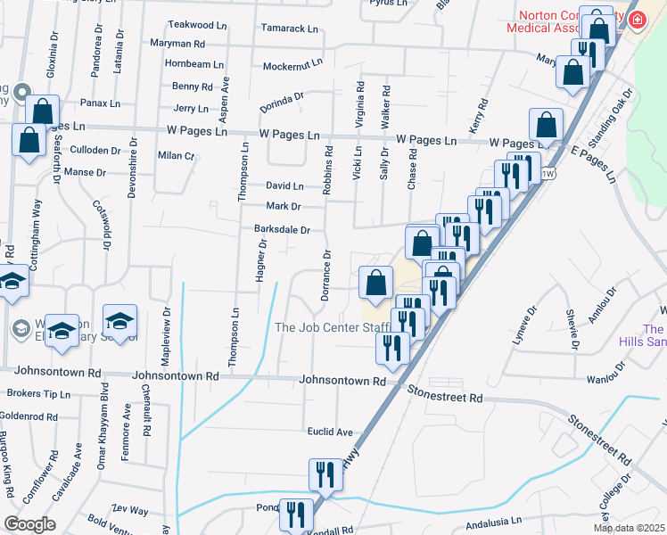 map of restaurants, bars, coffee shops, grocery stores, and more near 8903 Dorrance Drive in Louisville