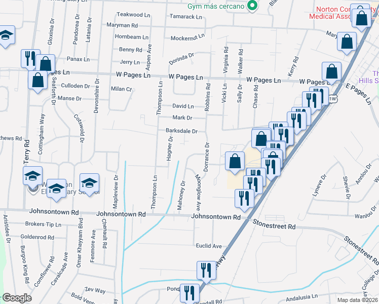 map of restaurants, bars, coffee shops, grocery stores, and more near 8904 Mahoney Drive in Louisville