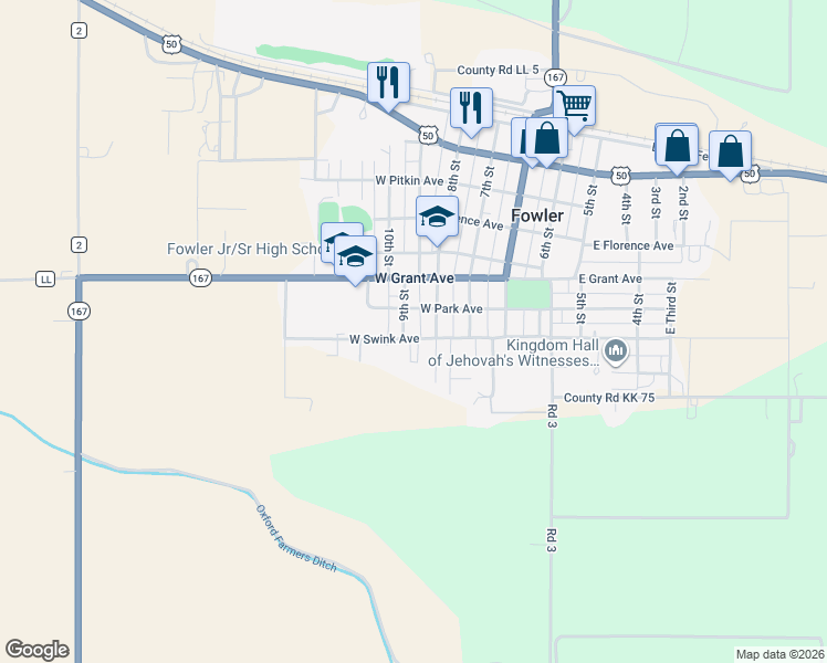 map of restaurants, bars, coffee shops, grocery stores, and more near 711 9th Street in Fowler