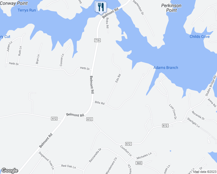 map of restaurants, bars, coffee shops, grocery stores, and more near 6112 Eds Road in Mineral