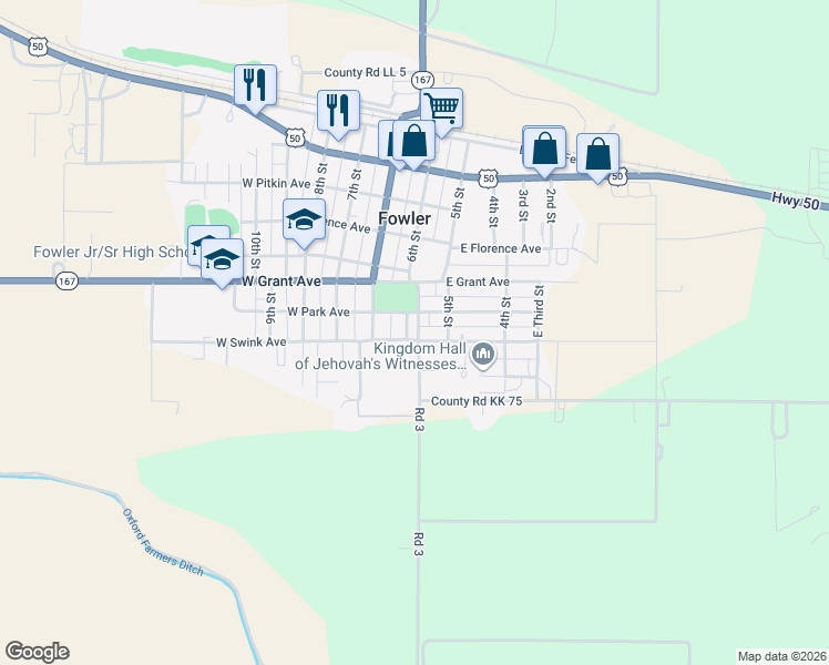 map of restaurants, bars, coffee shops, grocery stores, and more near 145-173 East Swink Avenue in Fowler