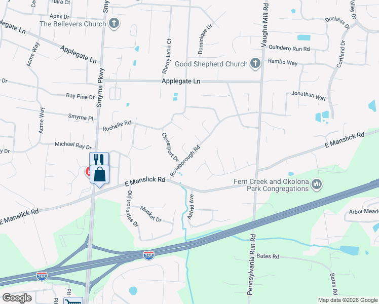 map of restaurants, bars, coffee shops, grocery stores, and more near 8422 Roseborough Road in Louisville