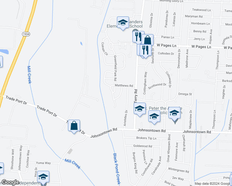 map of restaurants, bars, coffee shops, grocery stores, and more near 8809 Greenfield Park Road in Louisville