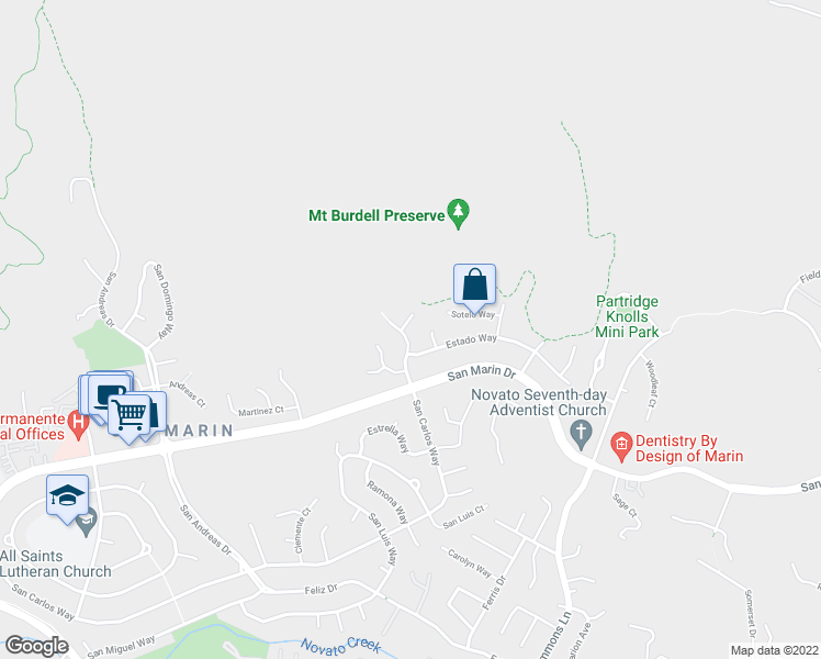 map of restaurants, bars, coffee shops, grocery stores, and more near 10 Verdad Way in Novato