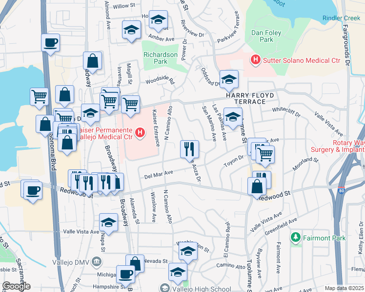 map of restaurants, bars, coffee shops, grocery stores, and more near 323 De Anza Drive in Vallejo