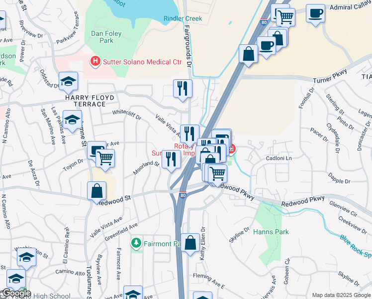 map of restaurants, bars, coffee shops, grocery stores, and more near 320 Fairgrounds Drive in Vallejo