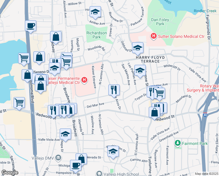 map of restaurants, bars, coffee shops, grocery stores, and more near 323 De Anza Drive in Vallejo