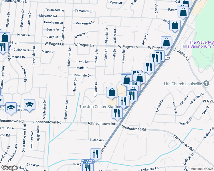 map of restaurants, bars, coffee shops, grocery stores, and more near 8801 Justify Way in Louisville