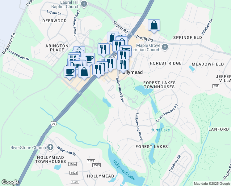 map of restaurants, bars, coffee shops, grocery stores, and more near 3213 Gateway Circle in Charlottesville