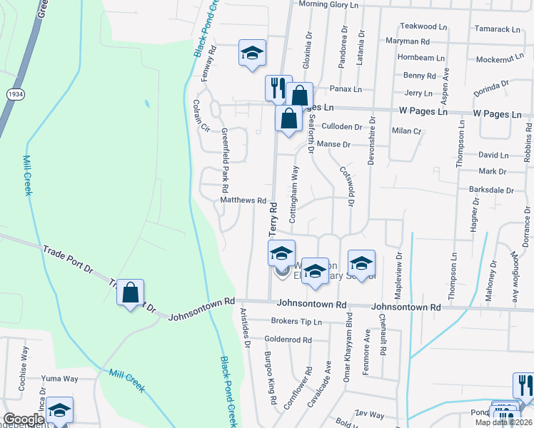 map of restaurants, bars, coffee shops, grocery stores, and more near 8814 Terry Road in Louisville