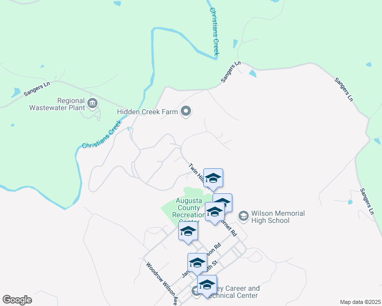 map of restaurants, bars, coffee shops, grocery stores, and more near 105 Twin Hills Lane in Fishersville