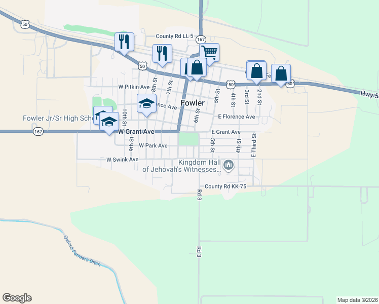map of restaurants, bars, coffee shops, grocery stores, and more near 145-173 East Swink Avenue in Fowler